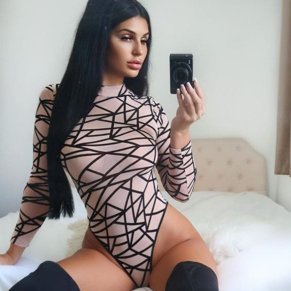 Nude Abstract Print Mesh Long Sleeve High Neck Bodycon Bodysuit Leotard Top - Picture 9 of 12